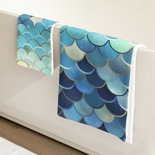 Fish Scale Pattern Blue Sky Background Golden Bath Towel Set (Creator Uploaded)