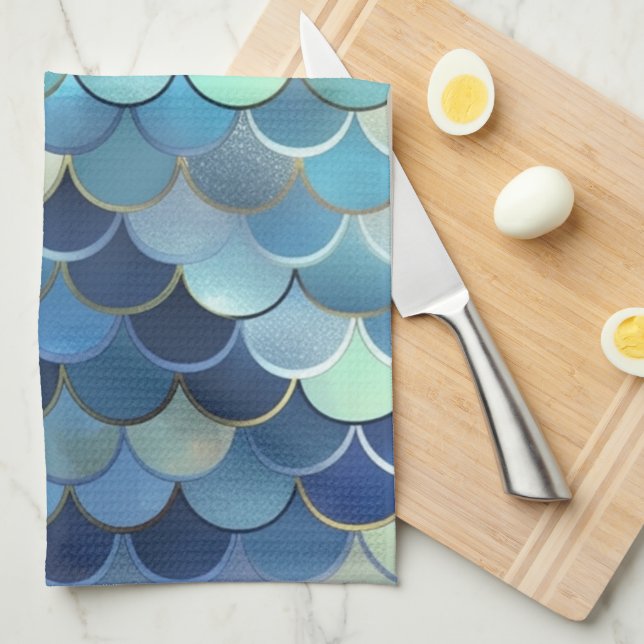 Fish Scale Pattern Blue Sky Background Golden Kitchen Towel (Quarter Fold)