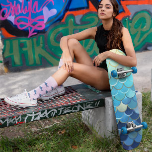 Fish Scale Pattern Blue Sky Background Golden Skateboard
