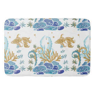 Fish Seaweed Glitter Blue Nautical Ocean Pattern Bath Mat