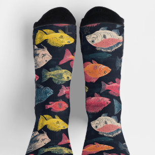 Fish Species Chalk Drawing Pattern Black Socks