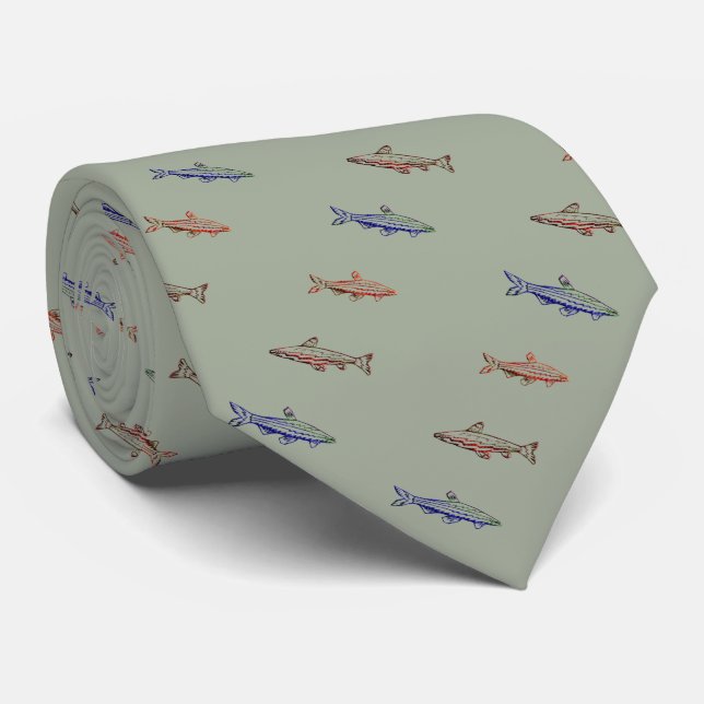 Fish Swimming Coloured Pattern Line Art Necktie (Rolled)