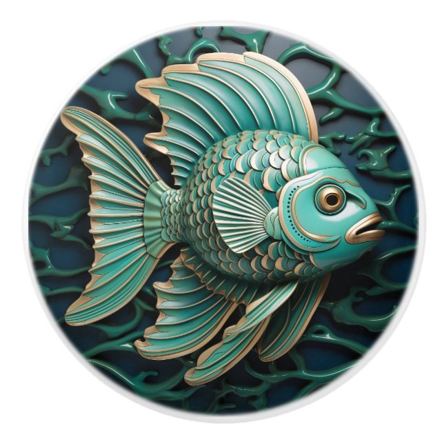 Fish Teal Green and Copper Marine Life Aquatic Ceramic Knob (Front)