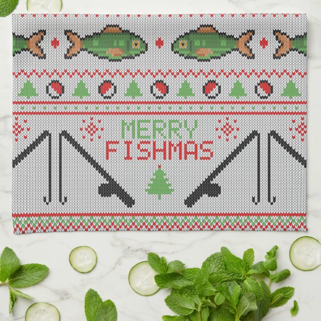 Fish Ugly Christmas Sweater Kitchen Towel (Folded)