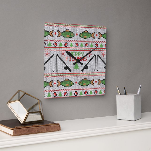 Fish Ugly Christmas Sweater Square Wall Clock (Office)