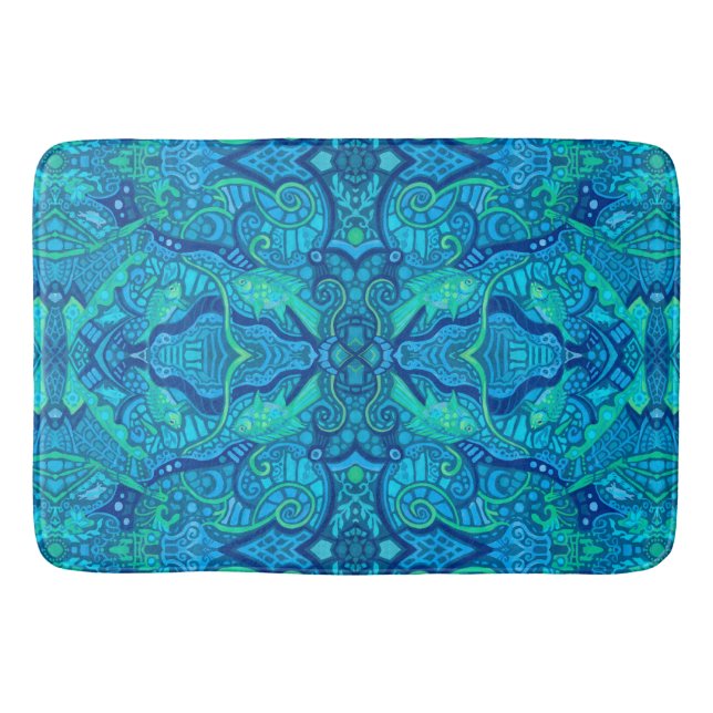 Fish Waves Underwater Bohemian Arabesque Pattern Bath Mat (Front)