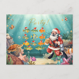 Fish wears Santa Hat Christmas Party with Santa Holiday Postcard
