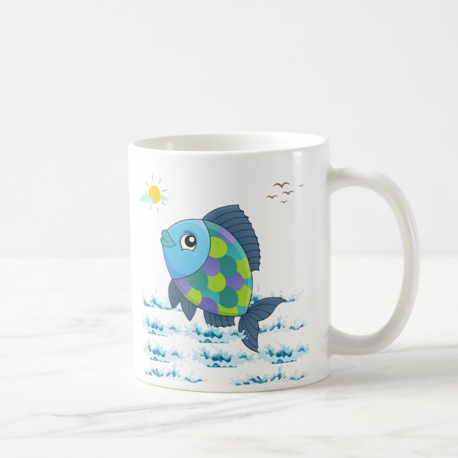Fish with a sun and birds in the sky above water C Coffee Mug (Right)