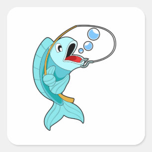 Fish with Fishing rod Square Sticker