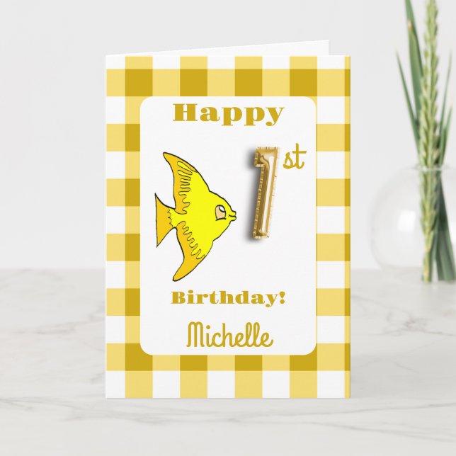 Fish & Yellow Gingham Balloon Number 1st Birthday Card (Front)