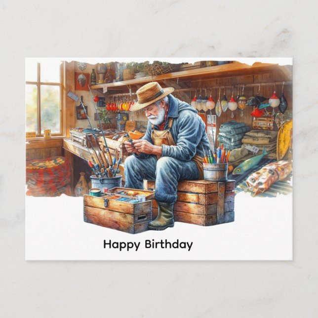 Fisherman at fishing shop happy birthday  postcard (Front)
