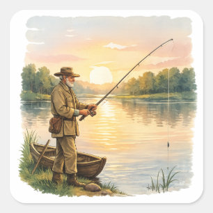 Fisherman at Sunset by Lake Vintage Art Gift Square Sticker