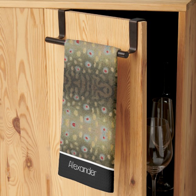 Fisherman Brook Trout Fish Olive Black White Rust Kitchen Towel (Thirds Fold)