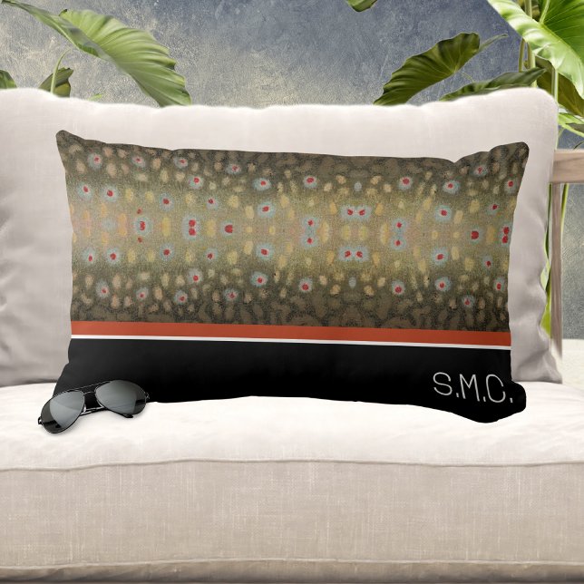 Fisherman Brook Trout Fish Olive Black White Rust Lumbar Pillow (Creator Uploaded)