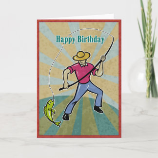 Fisherman catching fish with fishing rod vintage card