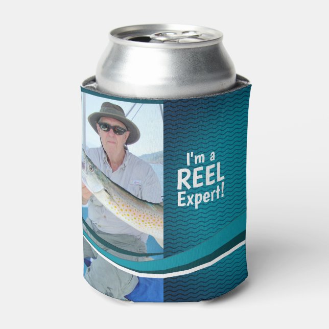 Fisherman Dad Teal Blue Waves Personalized Beer Can Cooler (Can Front)