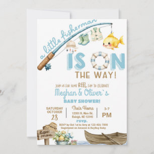 Fisherman / fishing boy reel fun baby shower. invitation
