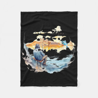 Fisherman In European Town Relaxing Fishing Art Gr Fleece Blanket