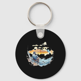 Fisherman In European Town Relaxing Fishing Art Gr Keychain
