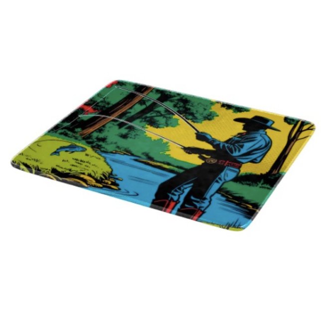 Fisherman on Riverbank  Cutting Board (Retro Cowboy Fishing Riverside Scene glass cutting board tempered glass five different sizes.)