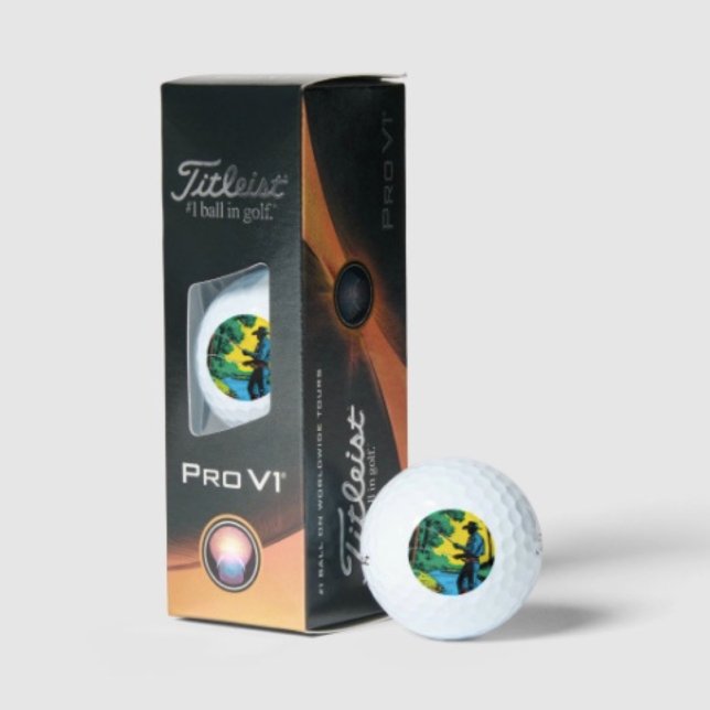 Fisherman on Riverbank  Golf Balls (Retro Cowboy Fishing Riverside Scene Golf Balls – Golfer Gift Set Mens Sports Novelty Gear)