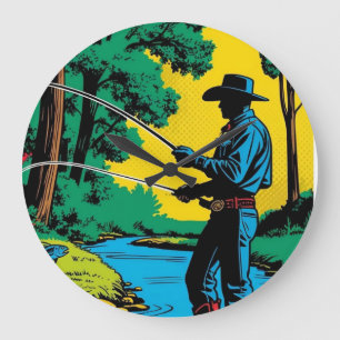 Fisherman on Riverbank Large Clock