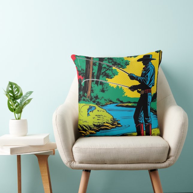 Fisherman on Riverbank Throw Pillow (Chair)