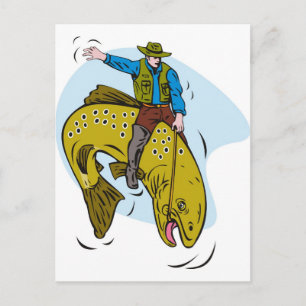 fisherman riding trout postcard