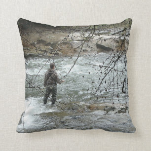 Fisherman River Steelhead Trout Fly Fishing Rapids Throw Pillow