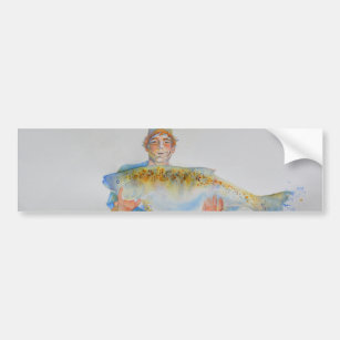 Fisherman watercolor painting fishing gift for him bumper sticker
