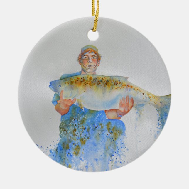 Fisherman watercolor painting fishing gift for him ceramic ornament (Front)