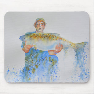 Fisherman watercolor painting fishing gift for him mouse pad