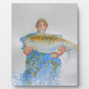 Fisherman watercolor painting fishing gift for him plaque