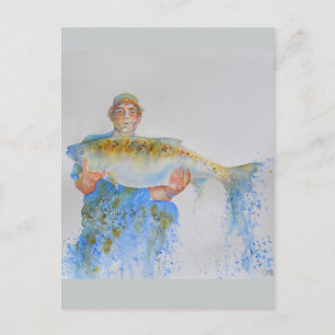 Fisherman watercolor painting fishing gift for him postcard