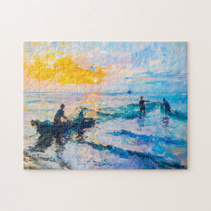 Fishermen at Sunset Impressionist Coastal Scene Jigsaw Puzzle