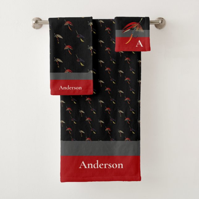  Fishermen Fly Fishing Flies Maroon  Black White Bath Towel Set (Insitu)