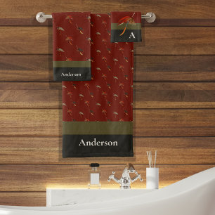 Fishermen Fly Fishing Flies Maroon Olive Bath Towel Set