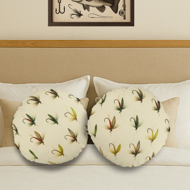 Fishermen Fly Fishing Trout Flies Watercolor Throw Round Pillow (Creator Uploaded)