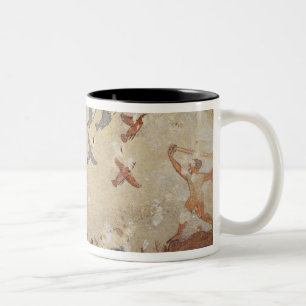 Fishermen in a boat and birds flying Two-Tone coffee mug