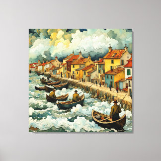 Fishermen on Boats in Stormy Sea Van Gogh Style Canvas Print