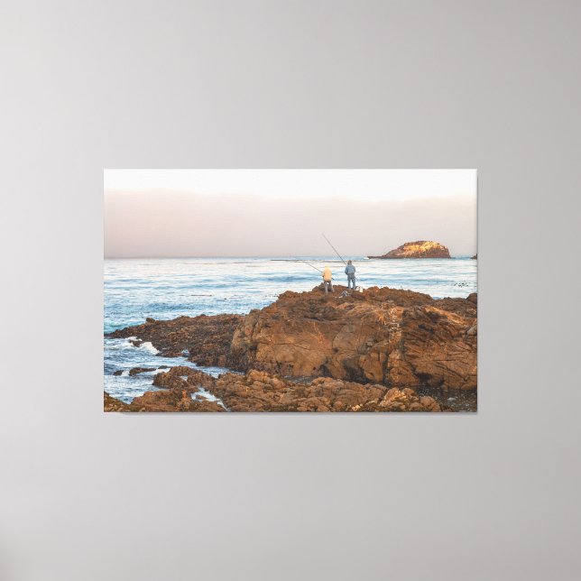 Fishermen on Rocky Shoreline at Sunrise Canvas Print (Front)