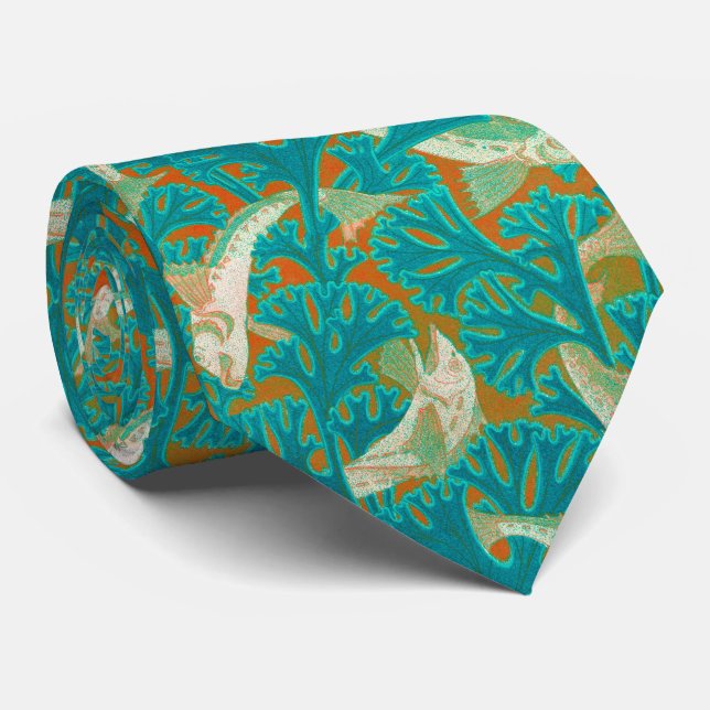 FISHES AND ALGAES BLUE YELLOW Art Nouveau Pattern Tie (Rolled)