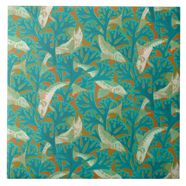 FISHES AND ALGAES  BLUE YELLOW Art Nouveau Pattern Tile (Front)