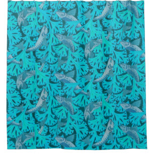 FISHES AND ALGAES IN AQUA BLUE Art Nouveau Pattern