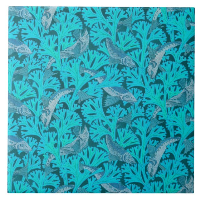 FISHES AND ALGAES IN AQUA BLUE Art Nouveau Pattern Tile (Front)