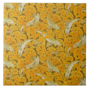 FISHES AND ALGAES IVORY YELLOW Art Nouveau Pattern Tile