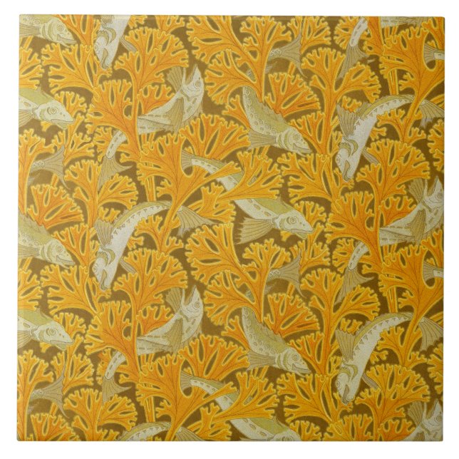 FISHES AND ALGAES IVORY YELLOW Art Nouveau Pattern Tile (Front)