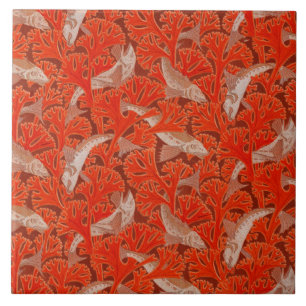 FISHES AND RED ALGAES Art Nouveau Animal Pattern Tile