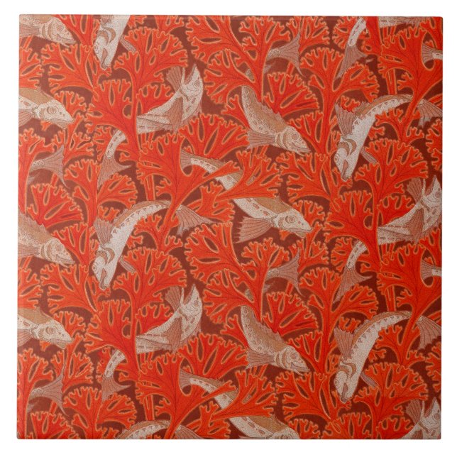 FISHES AND RED ALGAES  Art Nouveau Animal Pattern Tile (Front)