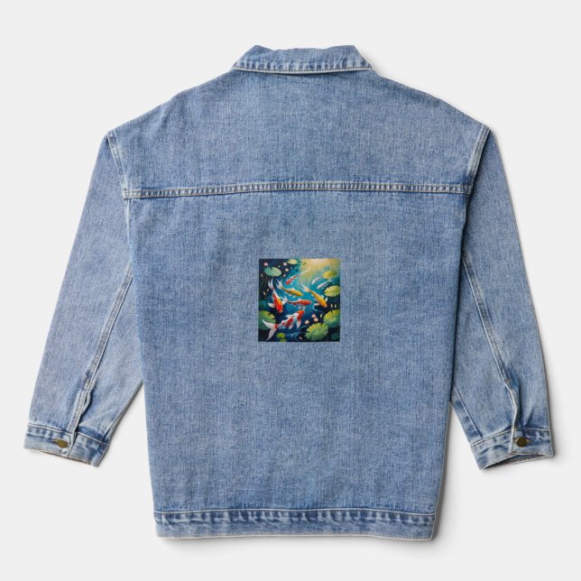Fishes colourful water painting  denim jacket (Back)